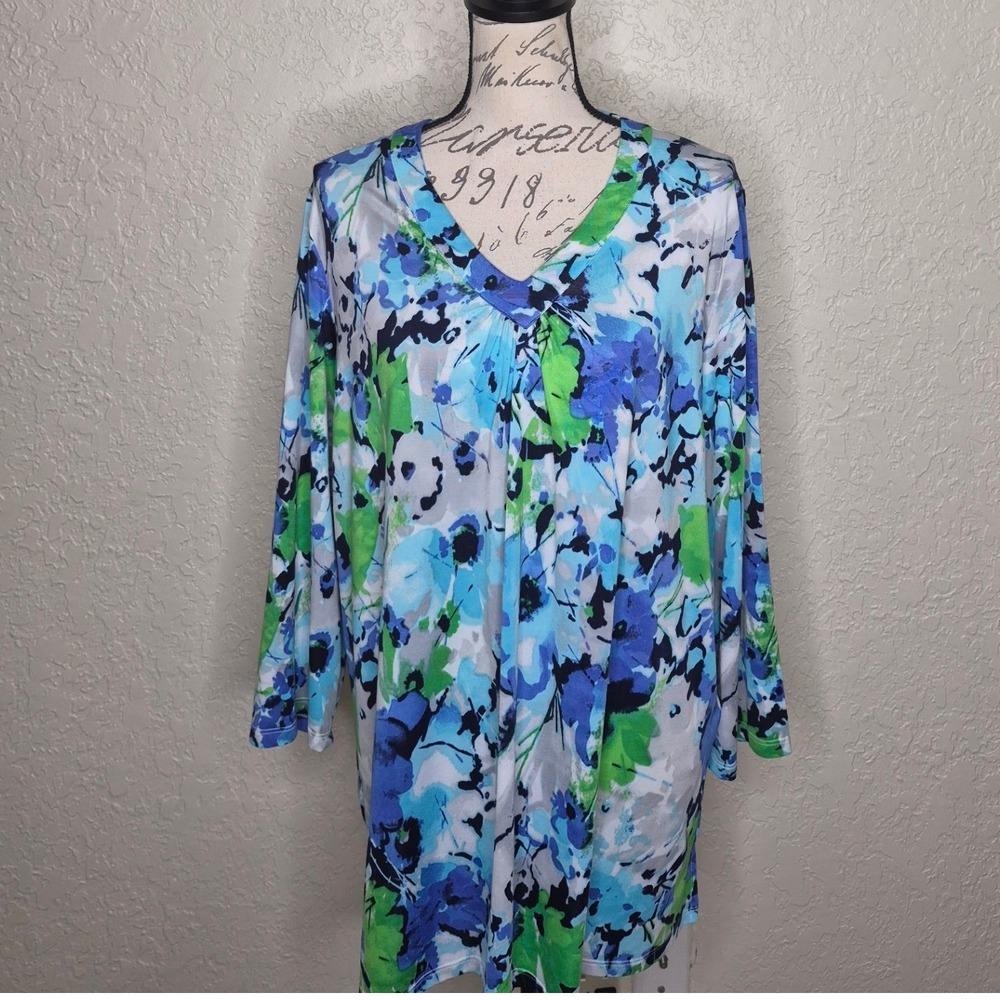 Alia Women Blue Green Floral V-Neck 3/4 Sleeve Tunic Top 2X